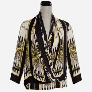 Etro Made In Italy 100% Silk Bold Yellow/Black Print Blouse sz 44